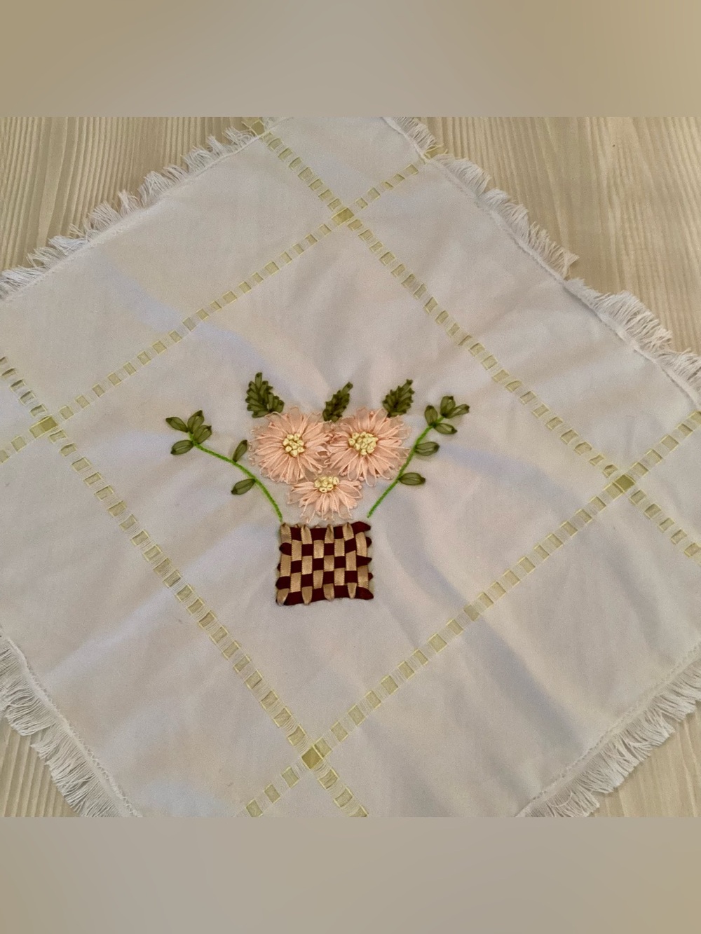 Hand Stitched Silk Ribbon Embroidery Panel 15” x 16”